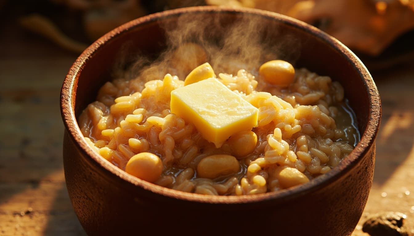 Close-up do baião de dois em tigela rústica, com grãos de arroz, feijão inteiro, queijo coalho dourado e brilho de manteiga de garrafa, iluminação quente natural.