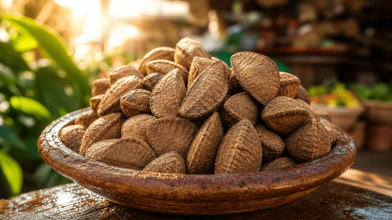 Tigela de barro contendo castanhas de baru torradas, iluminada por luz natural quente, com fundo de mercado desfocado.