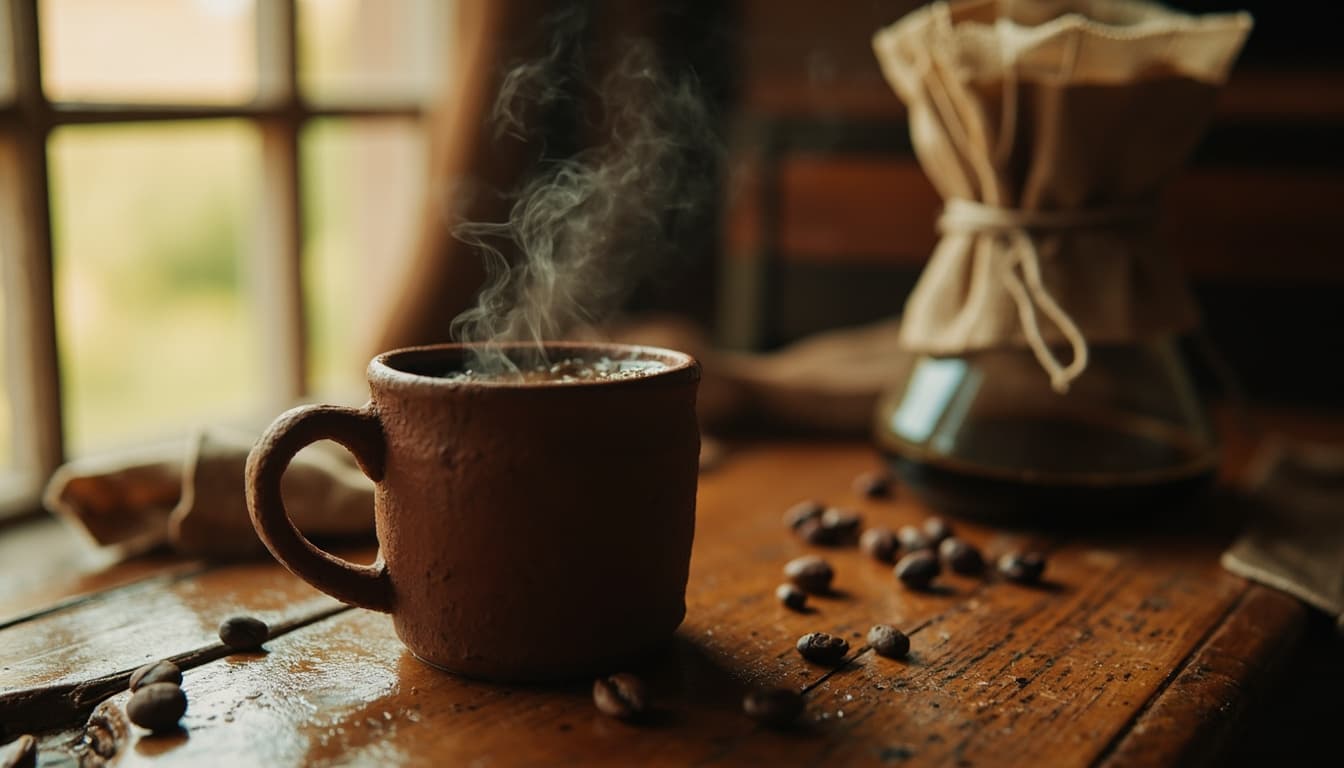 Xicara de cafe preto com vapor subindo em cima de uma mesa de madeira rustica, luz de janela matinal suave e coador de pano ao fundo desfocado.