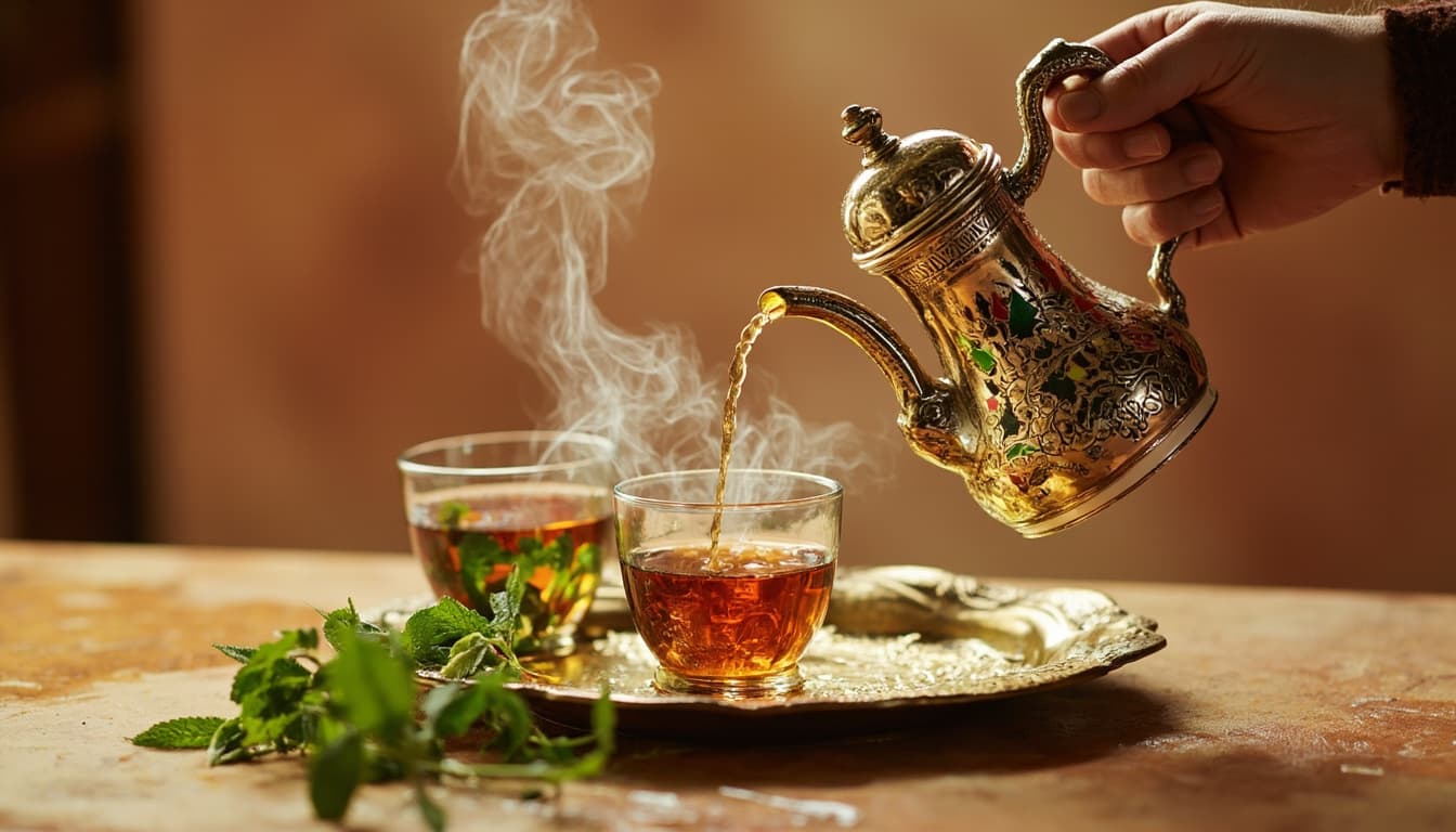 Chá de menta marroquino sendo servido de um bule de prata em um copo pequeno, com vapor subindo e luz suave de janela