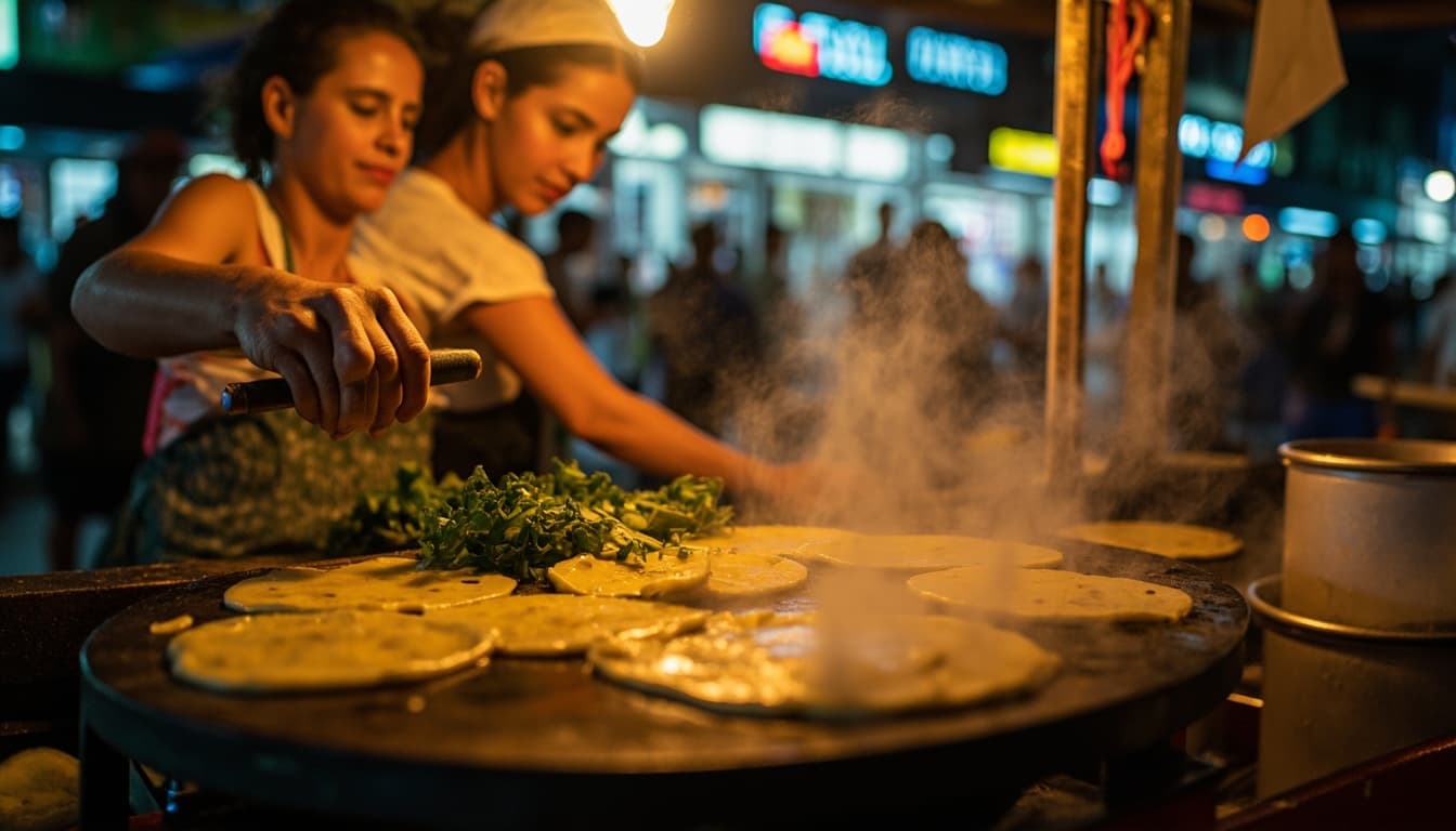 Vapor subindo de uma barraca de tapioca em uma feira noturna em Belém, com luzes quentes e ambiente urbano desfocado ao fundo