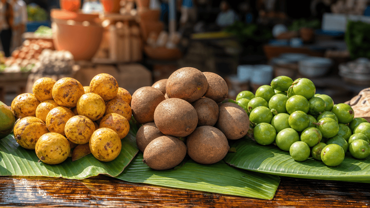 Mesa de feira nordestina com sapoti, mangaba e umbu dispostos sobre folhas de bananeira e madeira rústica, luz natural.
