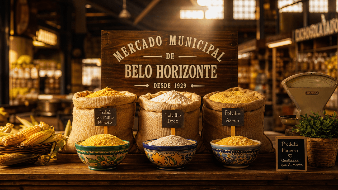 Farinhas de milho e polvilhos dispostos em tigelas de cerâmica e sacos de pano em um mercado municipal, com iluminação natural quente.
