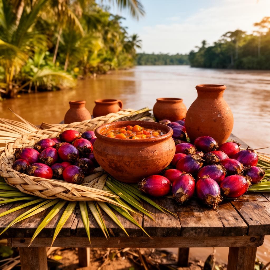 Mesa de madeira rústica em ambiente ribeirinho com frutas de tucum frescas, folhas de palmeira e panela de barro contendo ensopado, iluminada por luz natural tropical.