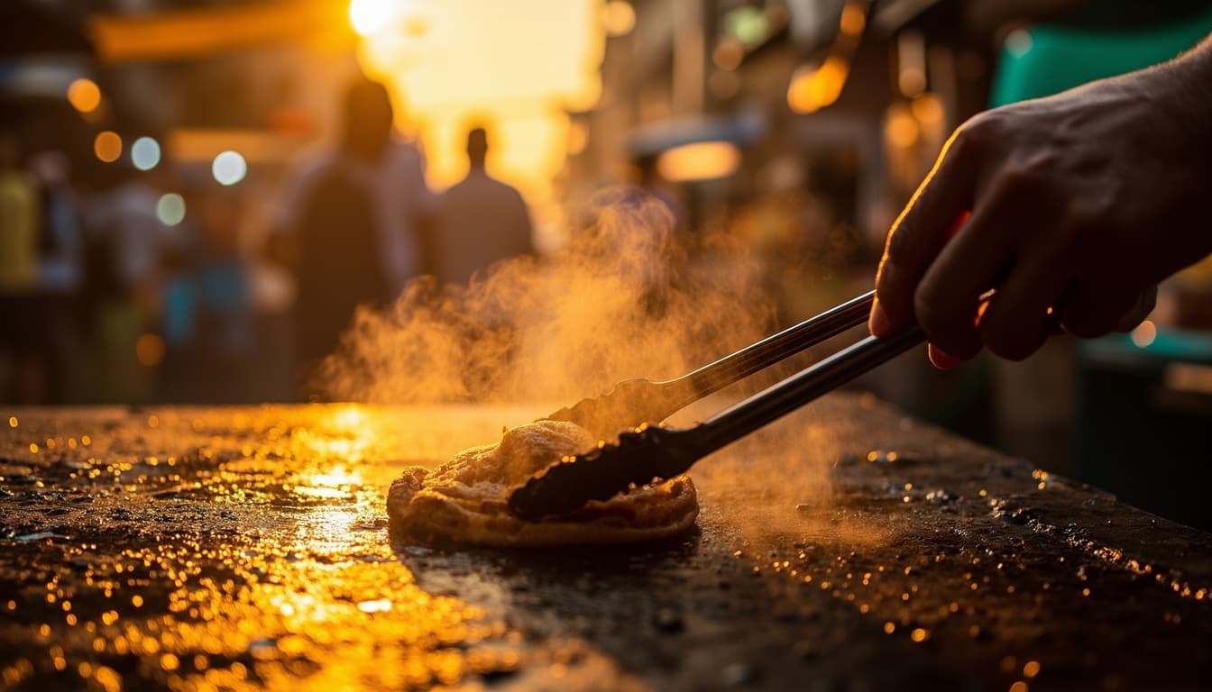 Mãos virando um pastel de feira dourado na chapa quente ao entardecer, com vapor e luzes desfocadas ao fundo.