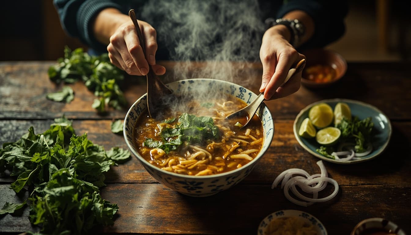 Bowl of pho with clear broth and fresh herbs on a wooden table, steam rising and hands sharing the meal