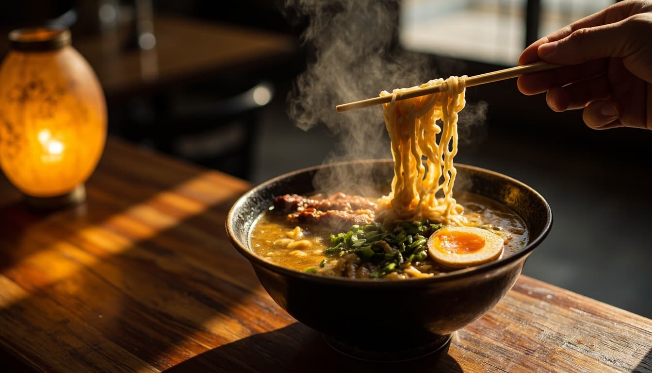 Tigela fumegante de ramen com ovos, cebolinha e carne sobre balcão de madeira, em luz quente de ambiente japonês.