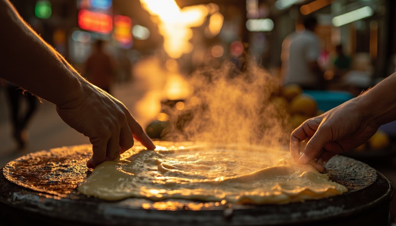 Mãos espalhando a goma de tapioca em uma chapa quente em uma banca de rua em Belém, com vapor subindo e fundo desfocado do mercado.