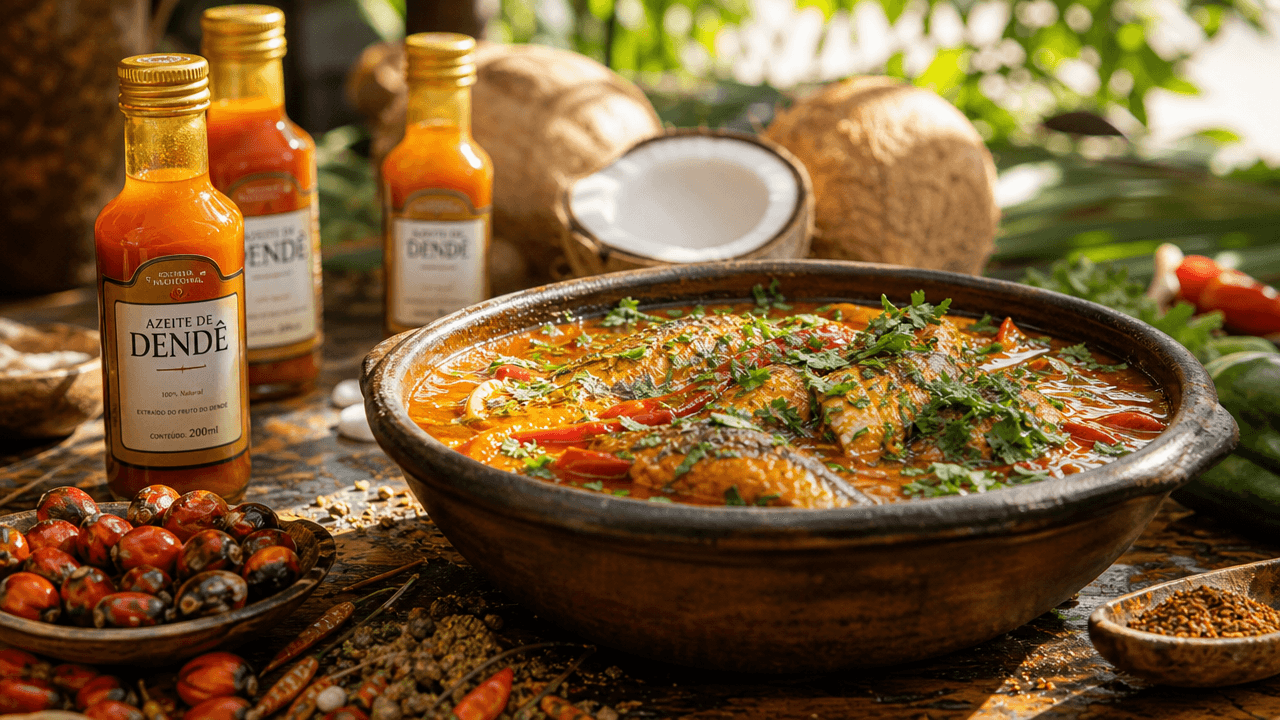 Prato de moqueca baiana em panela de barro ao lado de garrafas de azeite de dendê e ingredientes frescos em uma mesa de mercado, sob luz natural.