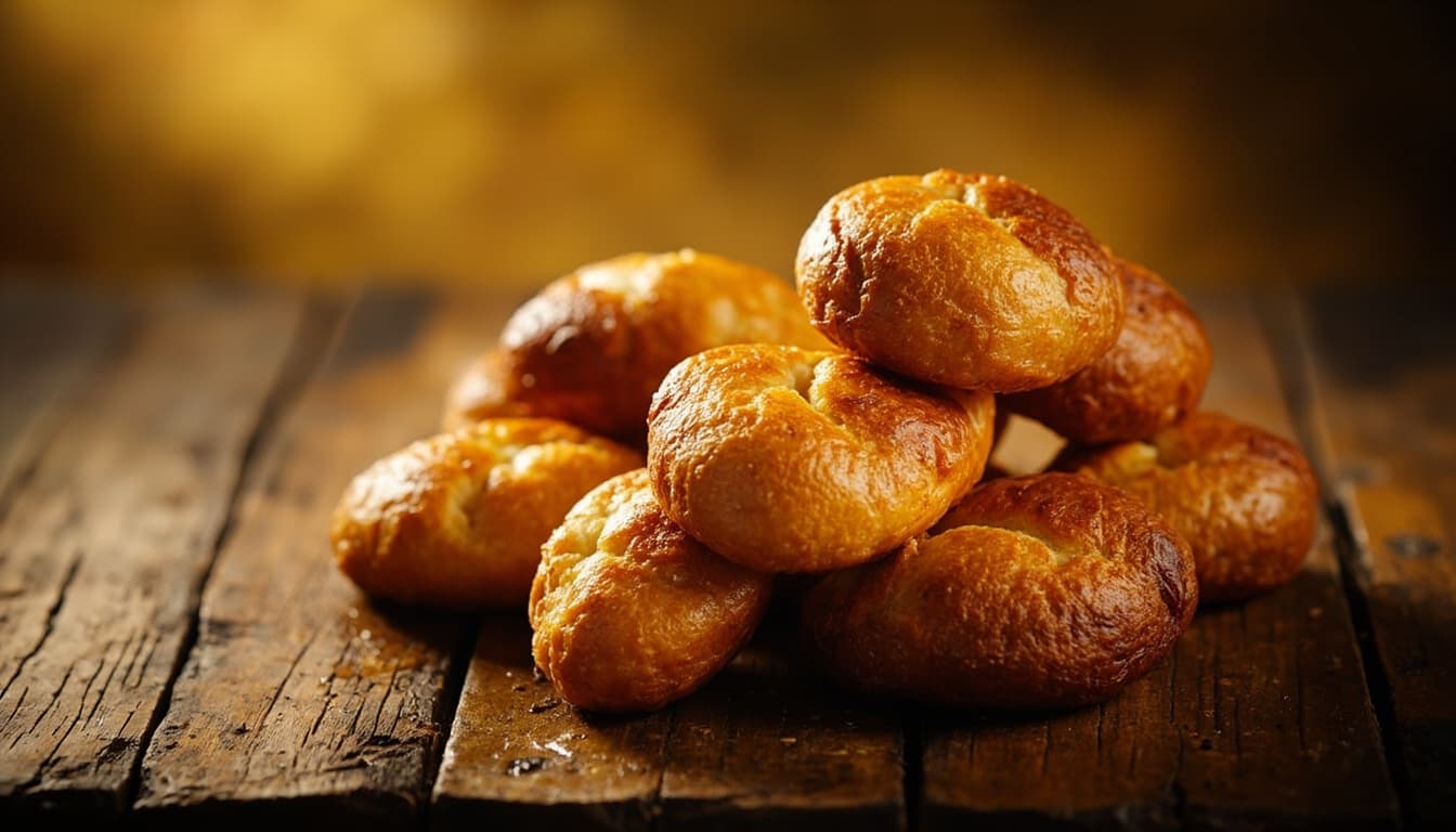 Fornada de pães de queijo quentes e fumegantes sobre uma mesa de madeira rústica, ao lado de uma xícara de café